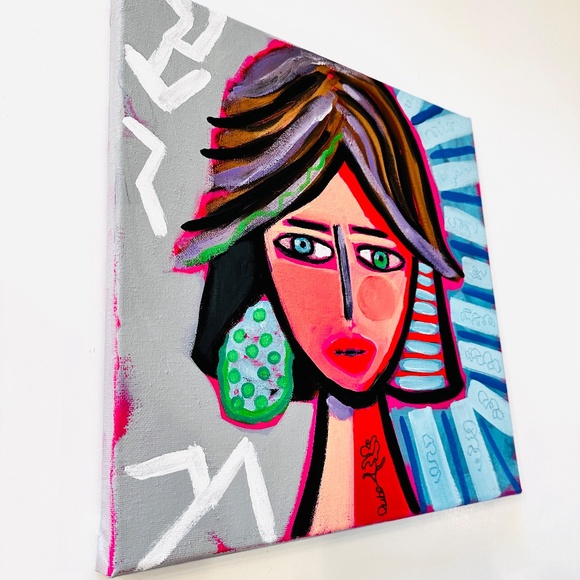 Abstract Lady Face Painting with Rose Tattoo, 12x12 Original Canvas Art OOAK - Picture 7 of 10